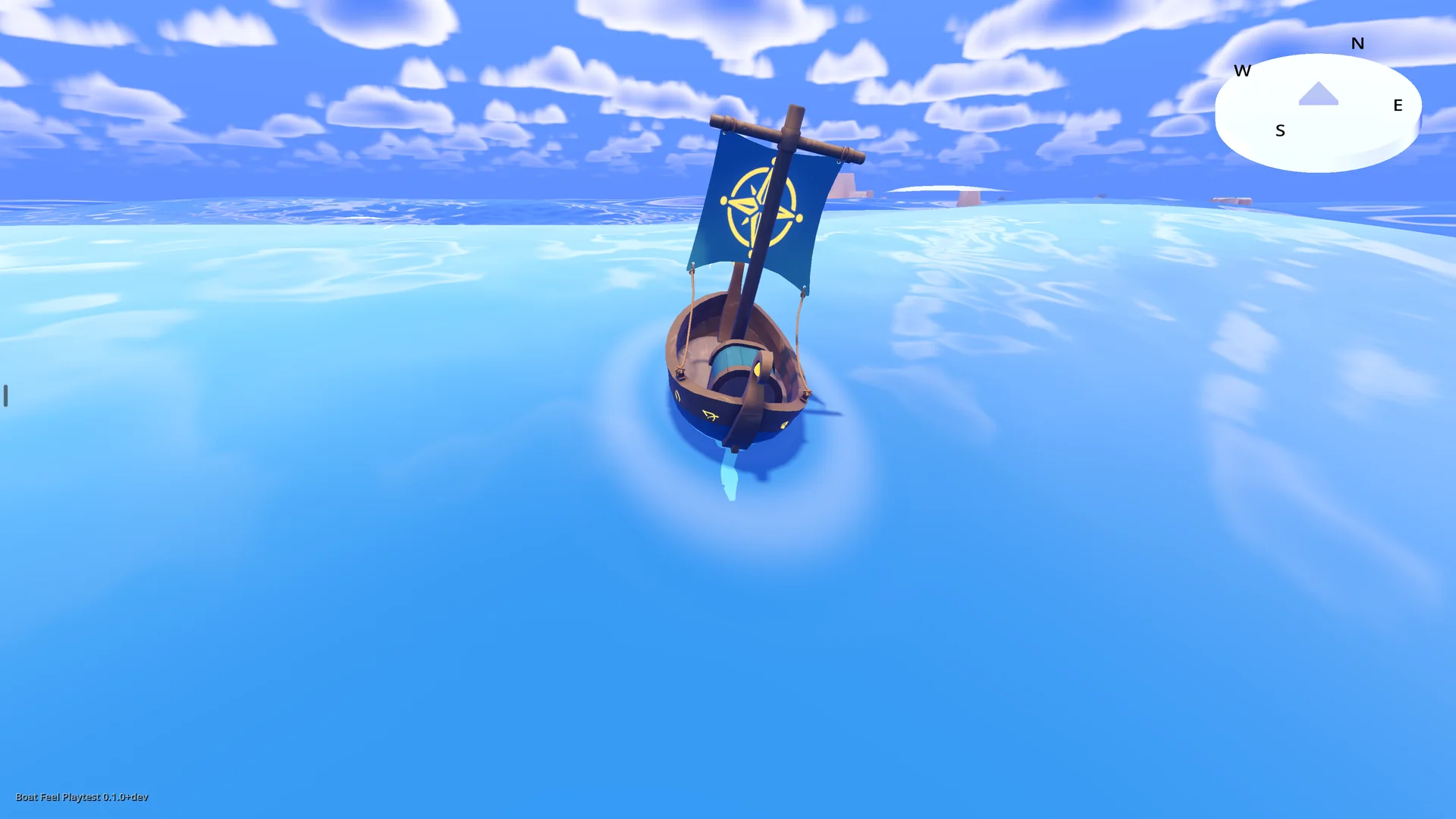 Close view of the boat in the in-development game Compass, with a teal sail and gold compass rose on bright blue water.